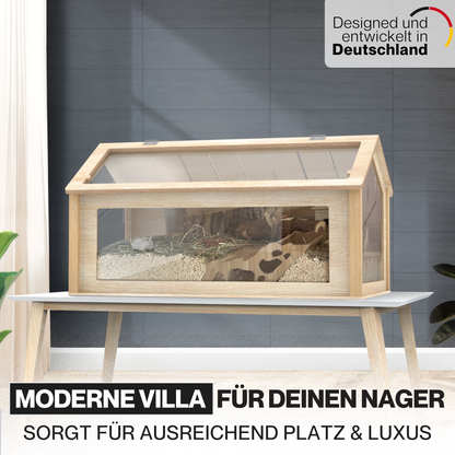 Hamsterkäfig 'Theodore' - Hamstervilla aus Lindenholz und Acrylglas - 100 x 55 x 50 cm - Inkl. Hamsterlaufrad
