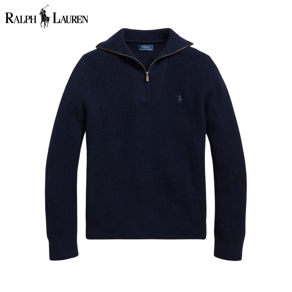 RL Waffle-Knit Wool-Cotton Quarter-Zip Sweater Blue Navy / S RL Waffle-Knit Wool-Cotton Quarter-Zip Sweater